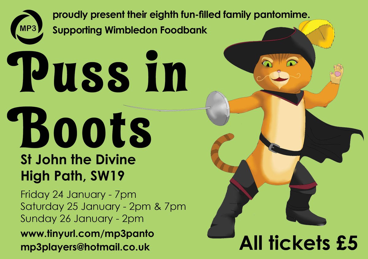 Just got two more chances to see our wonderful #Panto #PussInBoots  

Either use the booking link or DM us to get tickets

Help raise vital funds for <a href="/WimbledonFB/">Wimbledon Food Bank</a>
