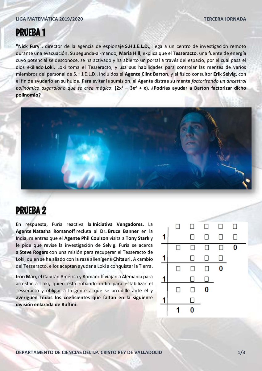 jmgmate's tweet photo. ¿Te gustaría que Nick Furia te enseñara a #factorizar un polinomio?¿Sabrá Iron Man dividir usando la regla de #Ruffini? ¿Conoce Loki el #teoremadelfactor? Si estás en #3ESO esta es tu liga. https://t.co/kTtrzOjqQQ