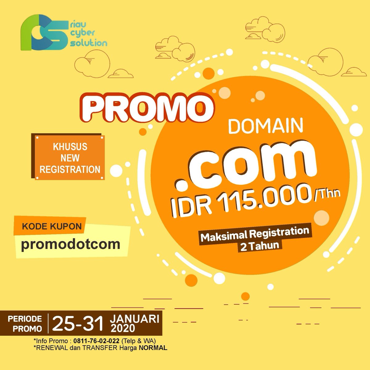 PROMO DOMAIN
.com Rp 115.000 /Tahun
dengan maksimal registrasi 2 tahun.

Kode Kupon: promodotcom
.
*khusus registrasi terbaru
*periode promo 25 - 31 Januari 2020
*renewal dan transfer harga normal