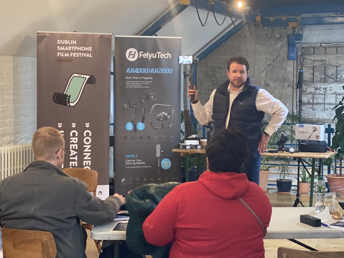 DubSmartFF's tweet photo. Keith from @FeiyutechUk having a blast at this year gimble workshop #dubsmartff. People loved it, now for the main event in @TeelingWhiskey. Some epic films about to be shown. #smartphonefilmmaking https://t.co/l9aiDkvtv2
