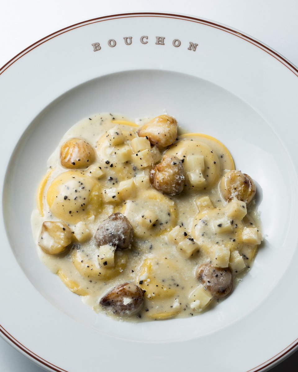 Make your Valentine's Day as delectable as this Ravioli aux Poireaux | French leek ravioli with chestnuts, celery root, black winter truffles &amp; Castelmagno cheese. Join us Feb 14 for dinner with that special someone! View menu on our website for more details #Yountville #LasVegas