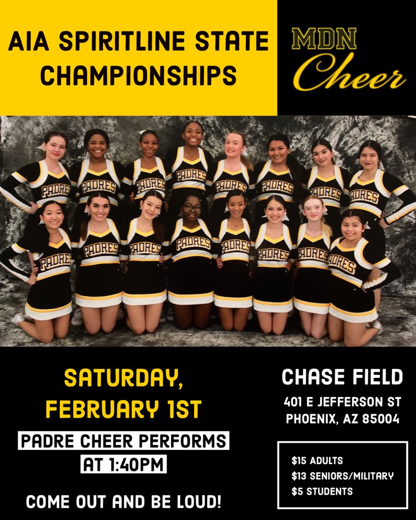 MDN Cheer (@mdncheer) on Twitter photo 🚨1 week til state🚨 Come out and support your Varsity competition team next Saturday at Chase Field! #padrecheer #roadtostate <a href="/mdnpadres/">Marcos de Niza High School</a> <a href="/SpiritMDN/">MDN SPIRIT CLUB</a> <a href="/MdNAthletics/">Marcos de Niza High School Athletics</a> 🚨1 week til state🚨 Come out and support your Varsity competition team next Saturday at Chase Field! #padrecheer #roadtostate <a href="/mdnpadres/">Marcos de Niza High School</a> <a href="/SpiritMDN/">MDN SPIRIT CLUB</a> <a href="/MdNAthletics/">Marcos de Niza High School Athletics</a>