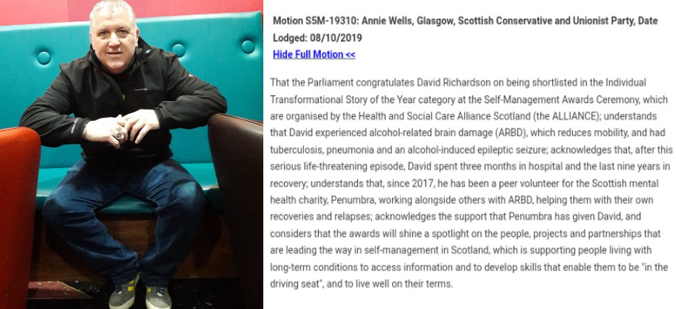 penumbra_scot's tweet photo. We're so proud of #penumbra #peer volunteer David whose recovery journey has been recognised in the @ScotParl by@AnnieWellsMSP Congratulations, David, and keep on inspiring!❤️
#MentalHealth
#PeerSupport
#PowerOfPeer
#LivedExperience
#ExpectRecovery
#ARBD
@DanielMushens https://t.co/CjHv1hkw9h