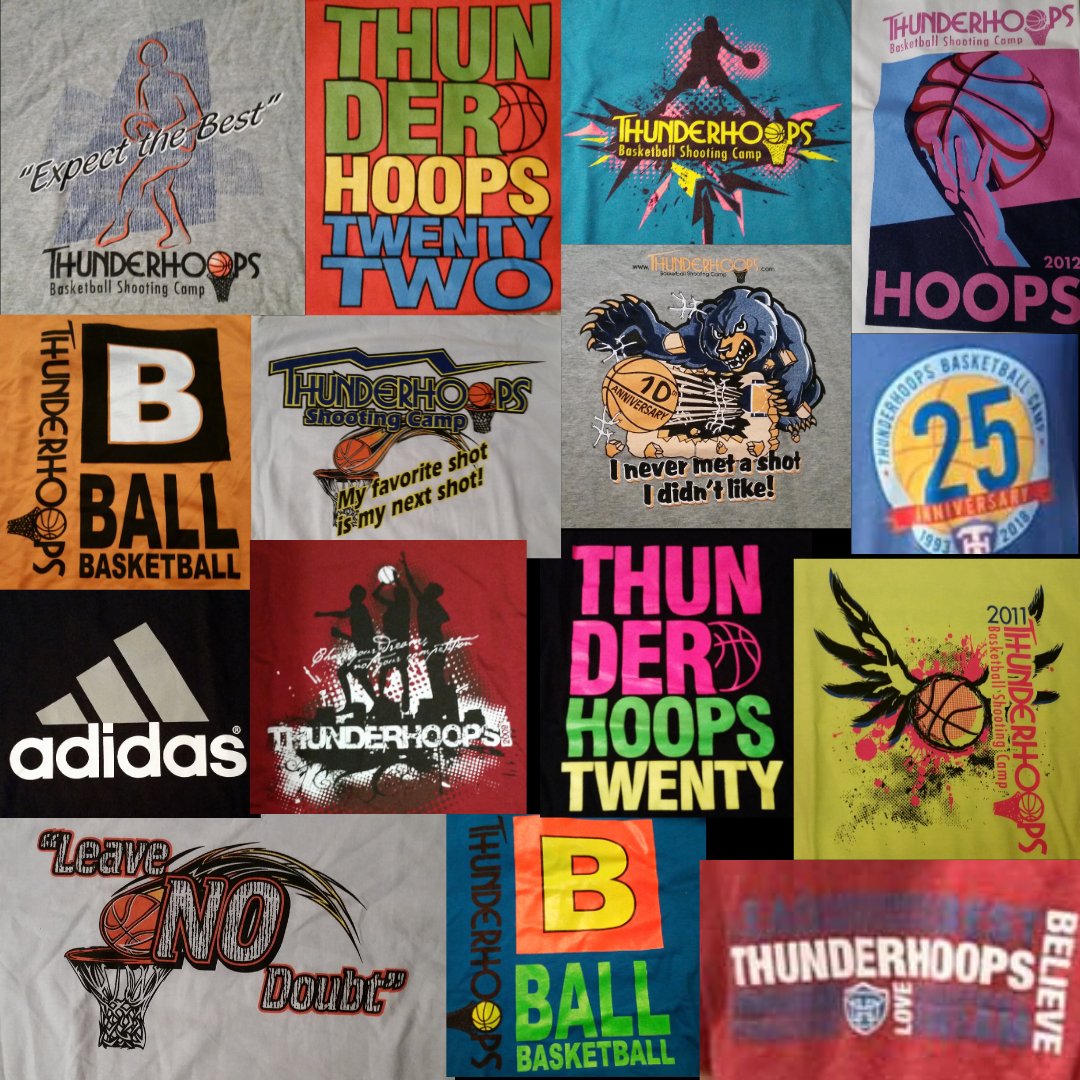 ThunderhoopCamp's tweet photo. You can spot a #Thunderhoops t-shirt from a mile away! And 26 years of camp means 26 different shirts! Here are a few from Paul and Marty's collection. Which is your favourite? 👕 https://t.co/BlEcvYQOoj