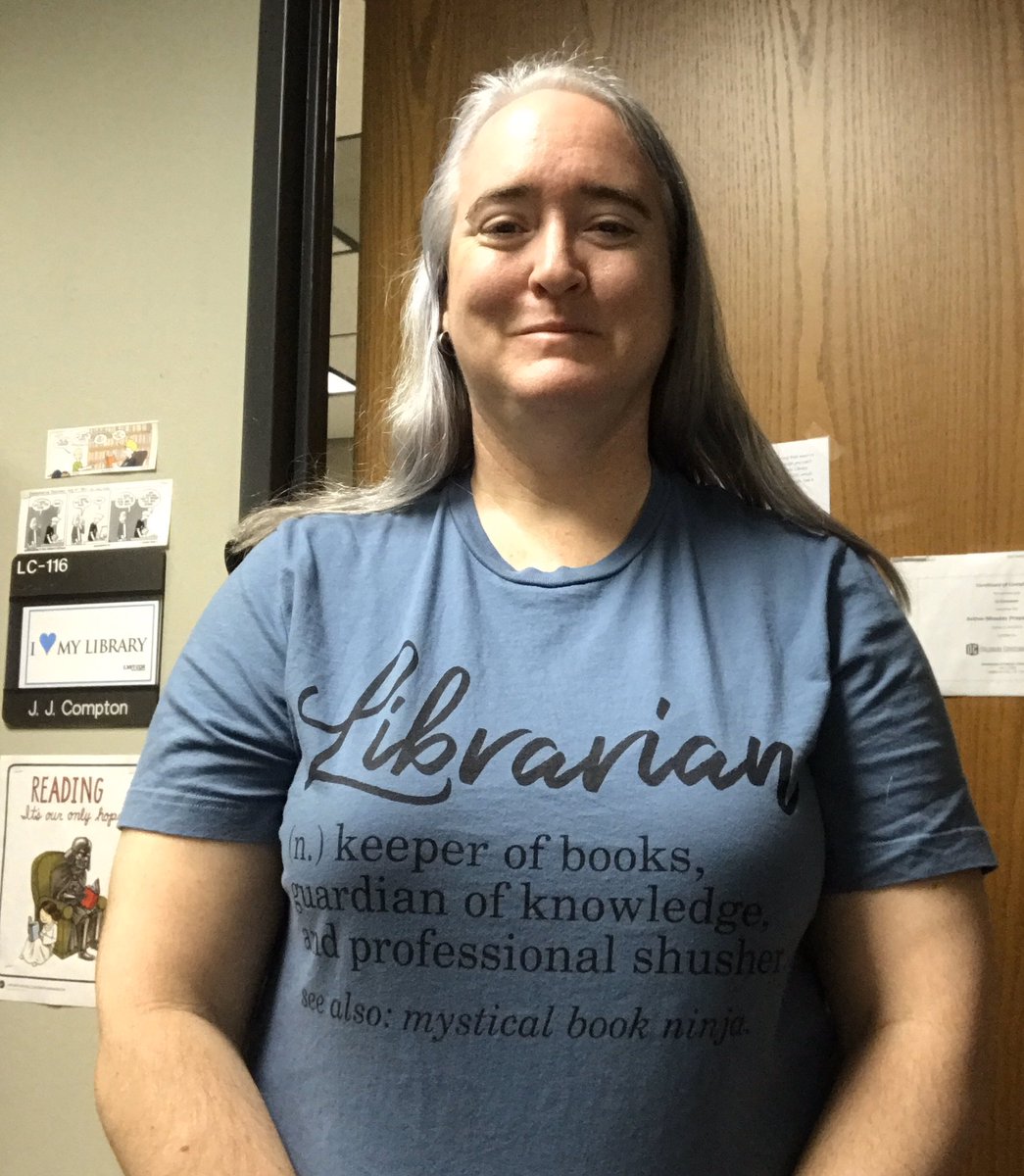 kickinlibrarian's tweet photo. Doing the #saturdaylibrarian thing today in style thanks to a SIL who gives amazing Christmas presents! #guardianofknowledge #proshusher #librarylife #bookninja https://t.co/sRjkpvF28w