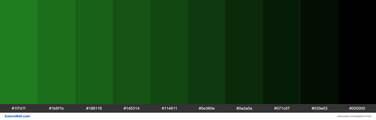 Shades X11 color Forest Green #228B22 hex #1f7d1f, #1b6f1b