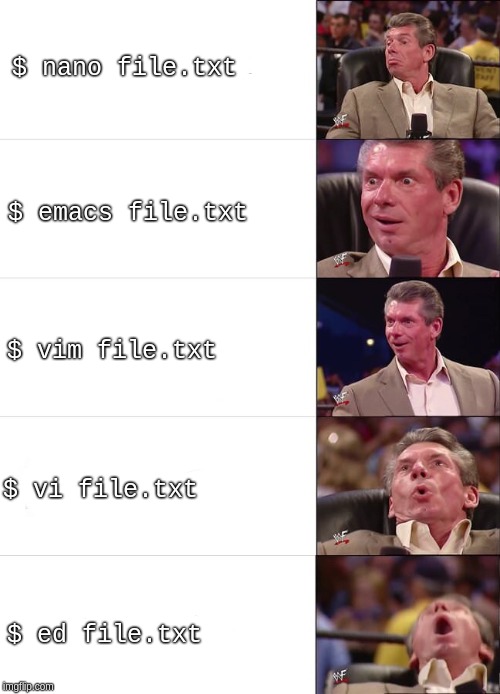 The "Vince McMahon extacy" meme with progressively more ecstatic expressions—first using nano, then emacs, then vim, then vi, and finally ed.