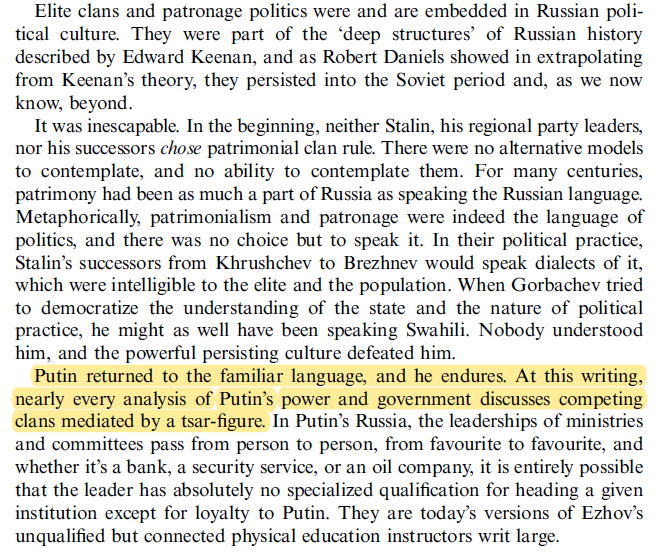 hbdchick's tweet photo. "Elite clans and patronage politics were and are embedded in Russian political culture. They were part of the ‘deep structures’ of Russian history.... [T]hey persisted into the Soviet period and, as we now know, beyond." https://t.co/Q211b6t1mI #NotCommunism https://t.co/PSIBlogBLi