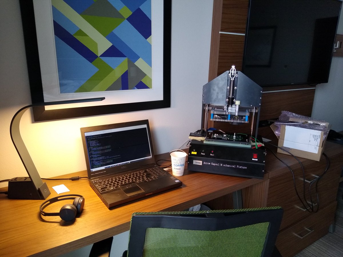 DonPancoe's tweet photo. #Startup #startuplife - troubleshooting an assembly test fixture for @kapsulair in a hotel room on a Saturday (and probably Sunday too) https://t.co/Vt6XM5ANZV