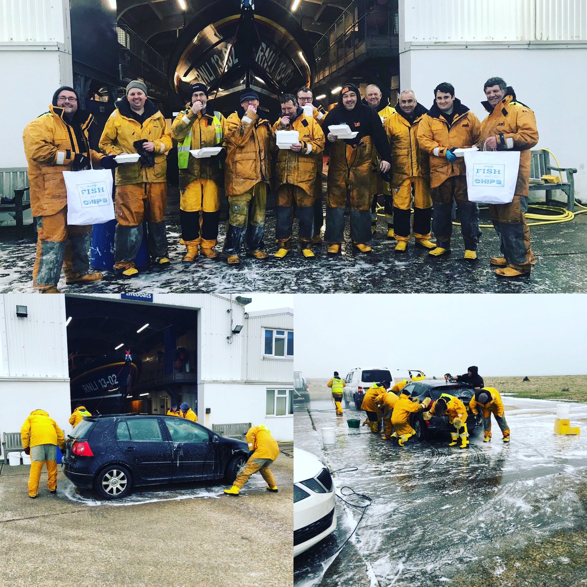 DungenessRNLI's tweet photo. Thank you to all that had their car washed by our crew today! We had a fantastic and freezing day and we have raised approx £1200!! 

Big thanks go to The Pilot who provided the troops with lunch free of charge and to Sam Cardew who made some excellent sausage rolls! https://t.co/Ca49ZrhcdQ