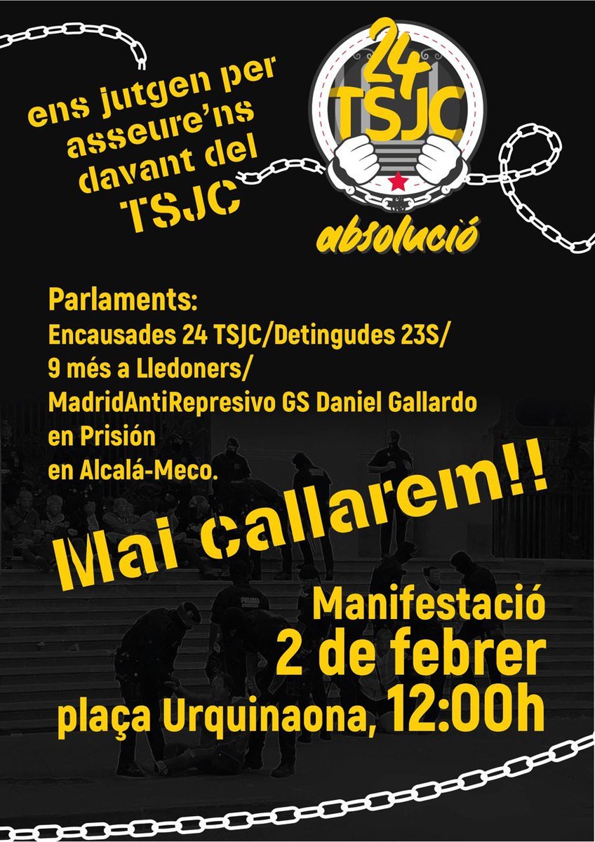 🔴CONVOCATÒRIA MANIFESTACIÓ🔴
🔹En contra de la repressió i a favor de l'absolució de les Encausades del TSJC!
🔹El dia 2 de febrer a les 12 h
🔹A la Plaça Urquinaona de Barcelona
Farem sentir la nostra veu de solidaritat amb les <a href="/Encausades_TSJC/">EncausadesTSJC</a>
⚠️Necessitem ser moltes! Difusió!