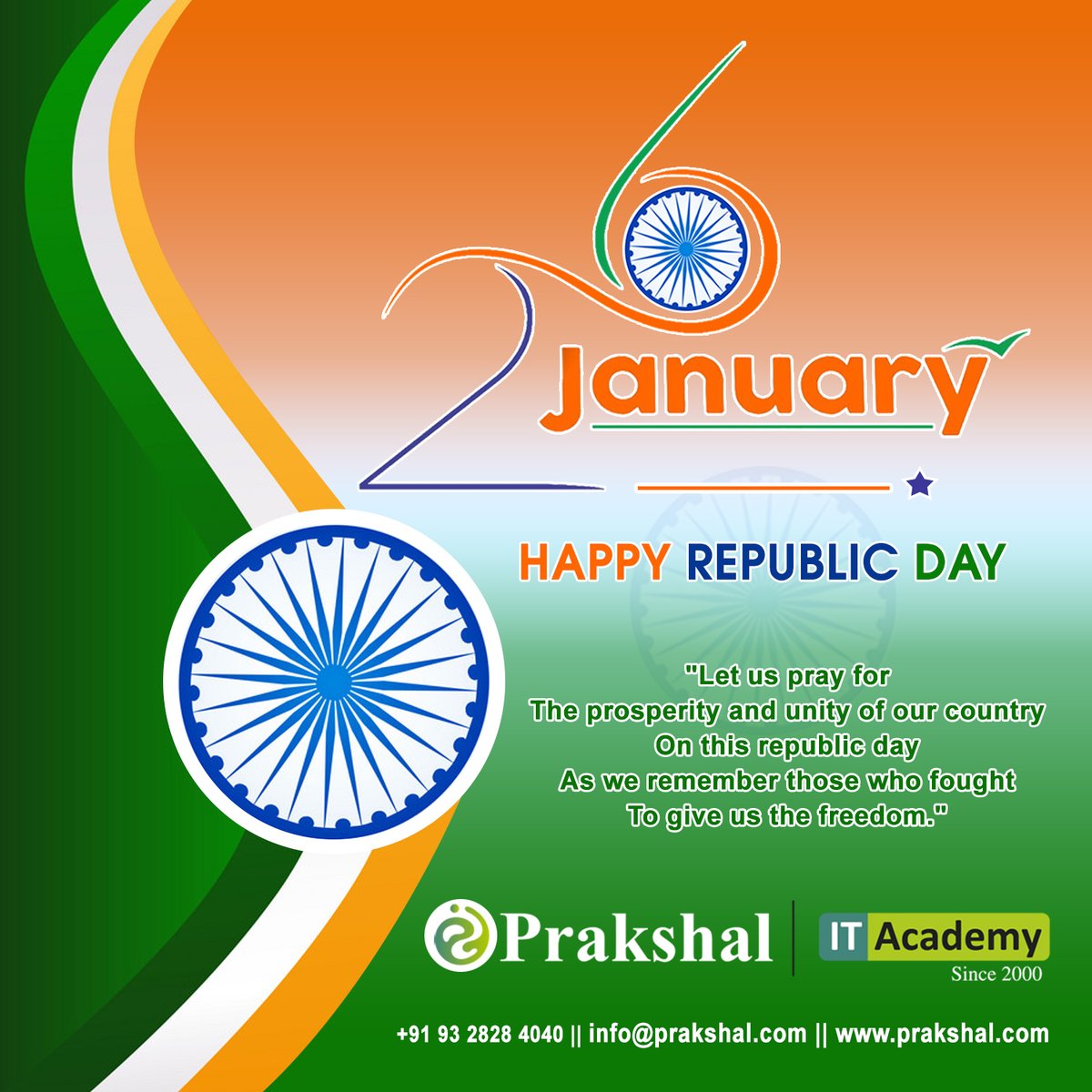 PrakshalAcademy's tweet photo. Let us remember the golden heritage of
our country and feel proud to be a part of
India.
#HAPPYREPUBLICDAY
Call us for Inquiry -Satellite - 9328284040 | Maninagar - 9376760202 |Gandhinagar - 9375753939 |
Surat - 9727720806
Visit -https://t.co/WpCweZAg2q https://t.co/O28VM7KfzI