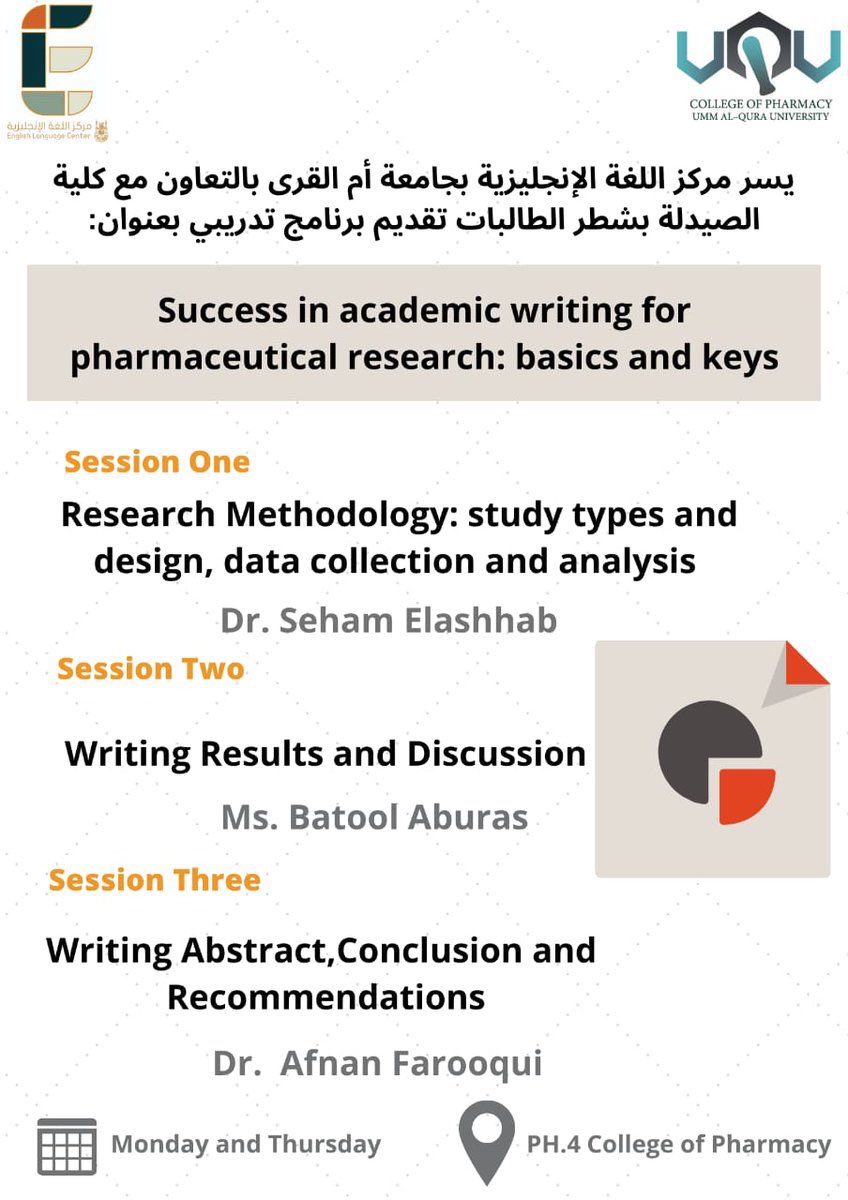 eli_uqu's tweet photo. يسعد #مركز_اللغة_الإنجليزية ب #جامعة_ام_القرى بتقديم المرحلة الثانية من برنامج الكتابة الأكاديمية لكلية الصيدلة  @uqupharmacy إبتداءً من الأسبوع القادم. https://t.co/0gHqOeV6V2