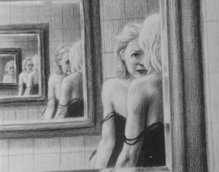 Laurie Lipton A Detail She Is Ageing As The Reflection Recedes The Last Reflection Is An Old Woman Looking Back At Her Mirror Mirror 02 Charcoal Pencil On Paper 27 3 X19 7 Drawingoftheday Mirrorselfies