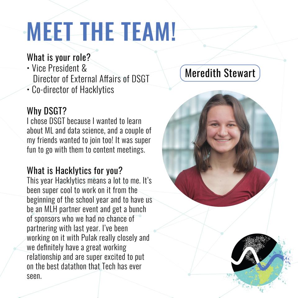 hacklytics's tweet photo. Meet Meredith Stewart, one of the Co-directors of Hacklytics! She started off her journey in data science as a loyal audience of our DSGT workshops. 

For the next few days, we will be introducing more of our team members and share with you what Hacklytics mean to them! https://t.co/ogp7awjKyw