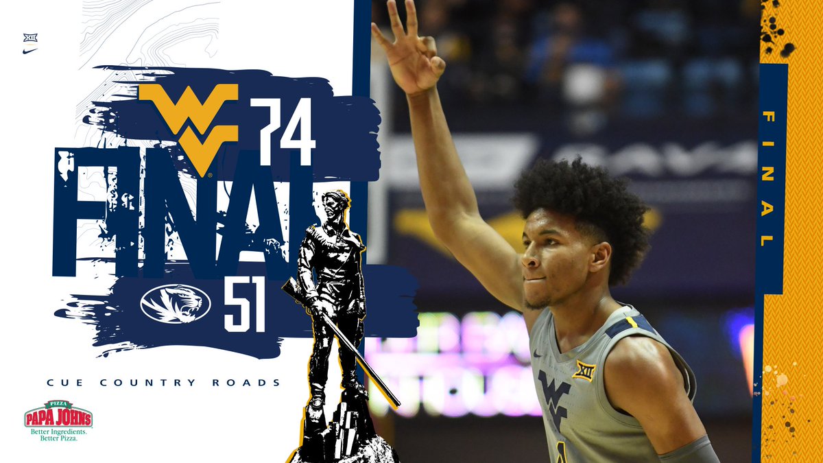WVUhoops's tweet photo. West Virginia defeats Mizzou, 74-51, on Saturday afternoon!

#HailWV https://t.co/2cXSzf6jYf