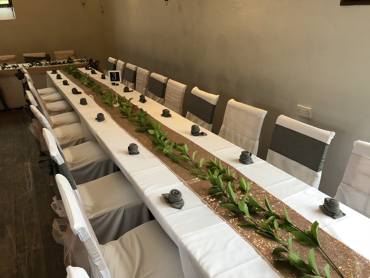 rainbowlinen's tweet photo. All set up for today’s wedding @dodmoorhouse , looked beautiful at this exclusive use venue . White Covers with alternate Sashes in Grey Burlap &amp; Blush Organza. Blush Sequin Runners and Burlap Napkins #rainbowweddingshop #chaircovers #wedding2020 https://t.co/GmBnotNF0B