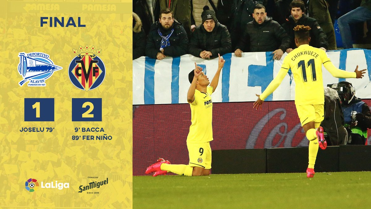 #AlavésVillarreal | 1-2 🚨 FINAAAAAAAL | ¡SE ACABÓ! Gran victoria del #Villarreal ante el @Alaves con goles ⚽️ de @carlos7bacca y Fer Niño, que debutó en @LaLiga con un tanto inolvidable. ¡TREMENDOOOOOO! ¡Enhorabuena, groguets! 👏👏👏