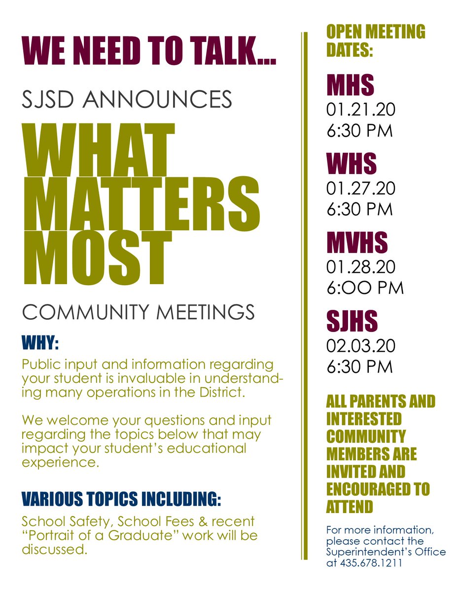 sanjuanschools's tweet photo. San Juan School District announces What Matters Most.  Times and locations below. https://t.co/PKx9VN58qv