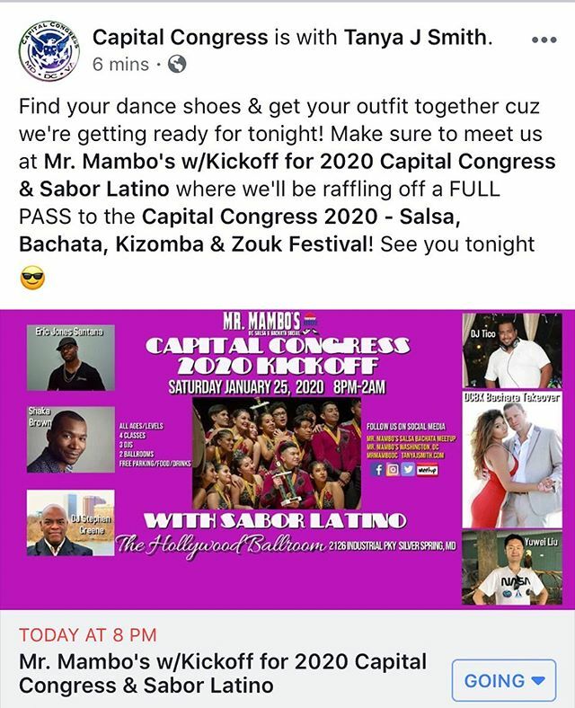 CapitalCongress's tweet photo. Find your dance shoes &amp; get your outfit together cuz we're getting ready for tonight! Make sure to meet us at “Mr. Mambo's w/Kickoff for 2020 Capital Congress &amp; Sabor Latino” where we'll be raffling off a FULL PASS to the 2020 Capital Congress! See you t… https://t.co/UeyDLeghCZ https://t.co/RXrWjEM0uO