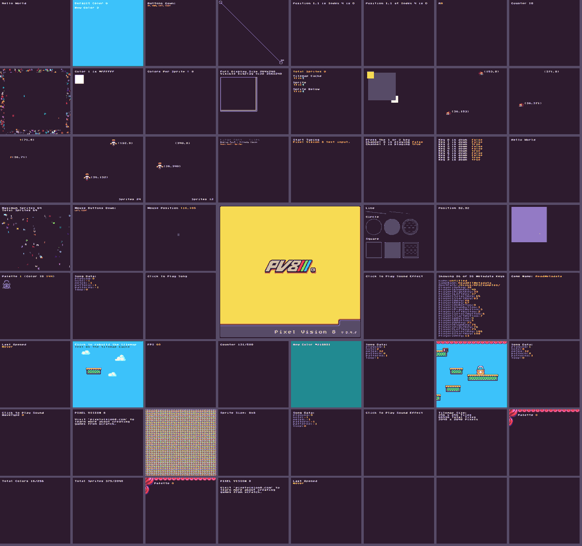 pixelvision8's tweet photo. Looking to get started with #PixelVision8? There are over 58 free tutorials (one for each API) on https://t.co/ek2bkiMKhb along with art packs, docs, Pro Tools &amp; more. Get a copy of #PV8 today &amp; learn how to make 8-bit games with Lua! #screenshotsaturday #gamedev #fantasyconsole https://t.co/udbff91xzT