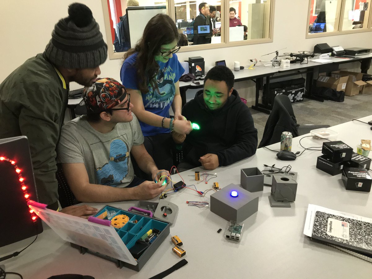 unioncconline's tweet photo. Building a Jeopardy buzzer in the #innovationcenter. 3D printed parts, and #codeacademy coding. To be used in the upcoming @AmericanHonors Jeopardy in February! Thanks to the @UCCFoundation and @DrMcM for providing this Center. https://t.co/BRvxLqwNQY