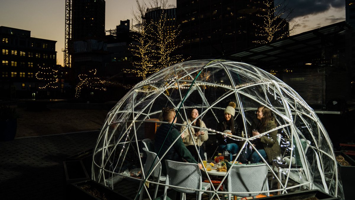 Chill out while staying cozy in our heated igloos! ❄️⛄️ Blankets, comfy seating, games, and our full food &amp; drink offerings await you. Reserve for up to 10 people by emailing hello@glasshousecambridge.com, or by calling us at 617-945-9450.