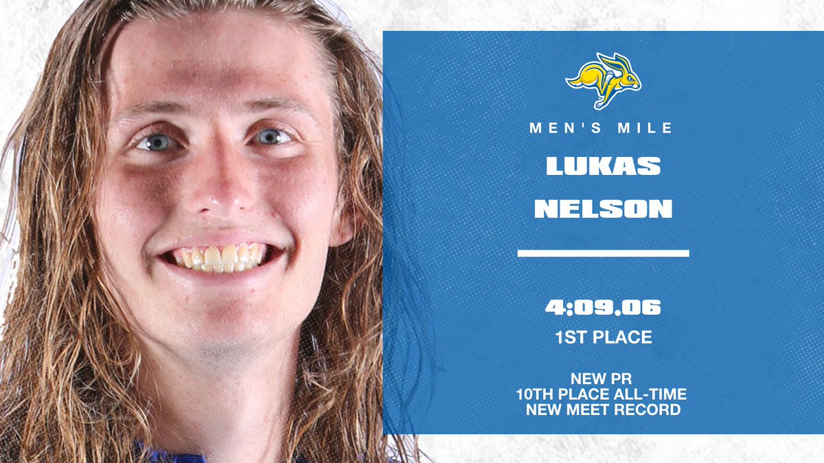 GoJacksTFXC's tweet photo. Lukas Nelson holds on at the end of the men's mile to earn a first place finish, a new meet record, a new personal record and a spot on the program's top 10 list. #GoJacks 🐰 https://t.co/VHsMP98gLV