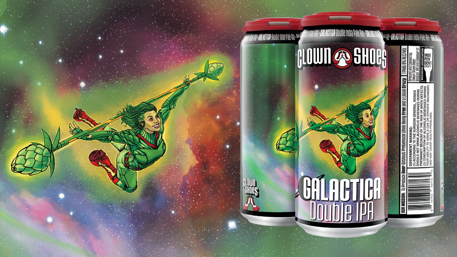 Clown Shoes Beer on X: "Bursting with the citrus and pine notes of Galaxy  hops, Galactica is a classic Double IPA. Available year round, this vibrant  choice is also an ode to