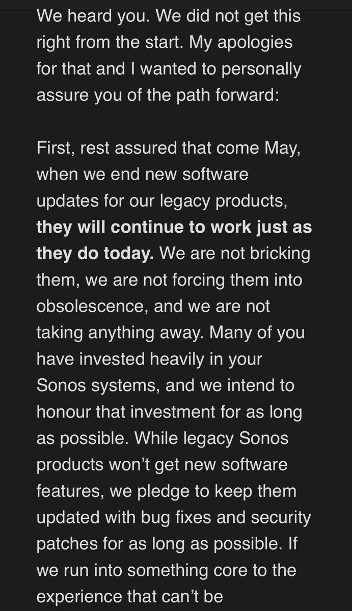 ShawnRosemarin's tweet photo. Glad to see CEO @sonos adjusting their stance on support of older products with security and big fixes for “as long as possible” and an ability to split your home network to take advantage of new technology. Looking forward to seeing the details. #feedbackworks https://t.co/lrOebkBeBR