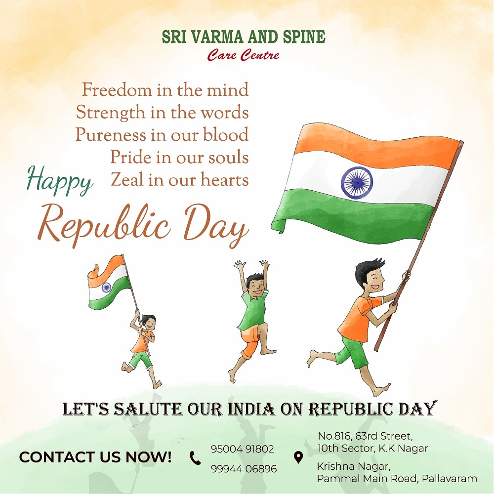 SriSpine's tweet photo. Happy Republic Day 2019. 

#HappyRepublicDay #backpain #neckpain #headache #migraine #spinaldislocation #spondylosis #arthritis #shoulderpain #handpain #hippain #neurologicaldisorder #tailbonepain #varicos #rheumatism #diskbulge #varma #prana #spinecare #srivarmaspinecare https://t.co/riKJa9Fz96