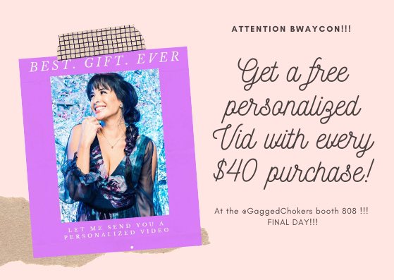Attention BwayCon peeps! Visit booth 808 tomorrow and get a free personalized video sent to you or your BFF by <a href="/RhodesReed/">Courtney Reed</a> w/every $40 purchase!! While supplies last! Tomorrow is the final day!!