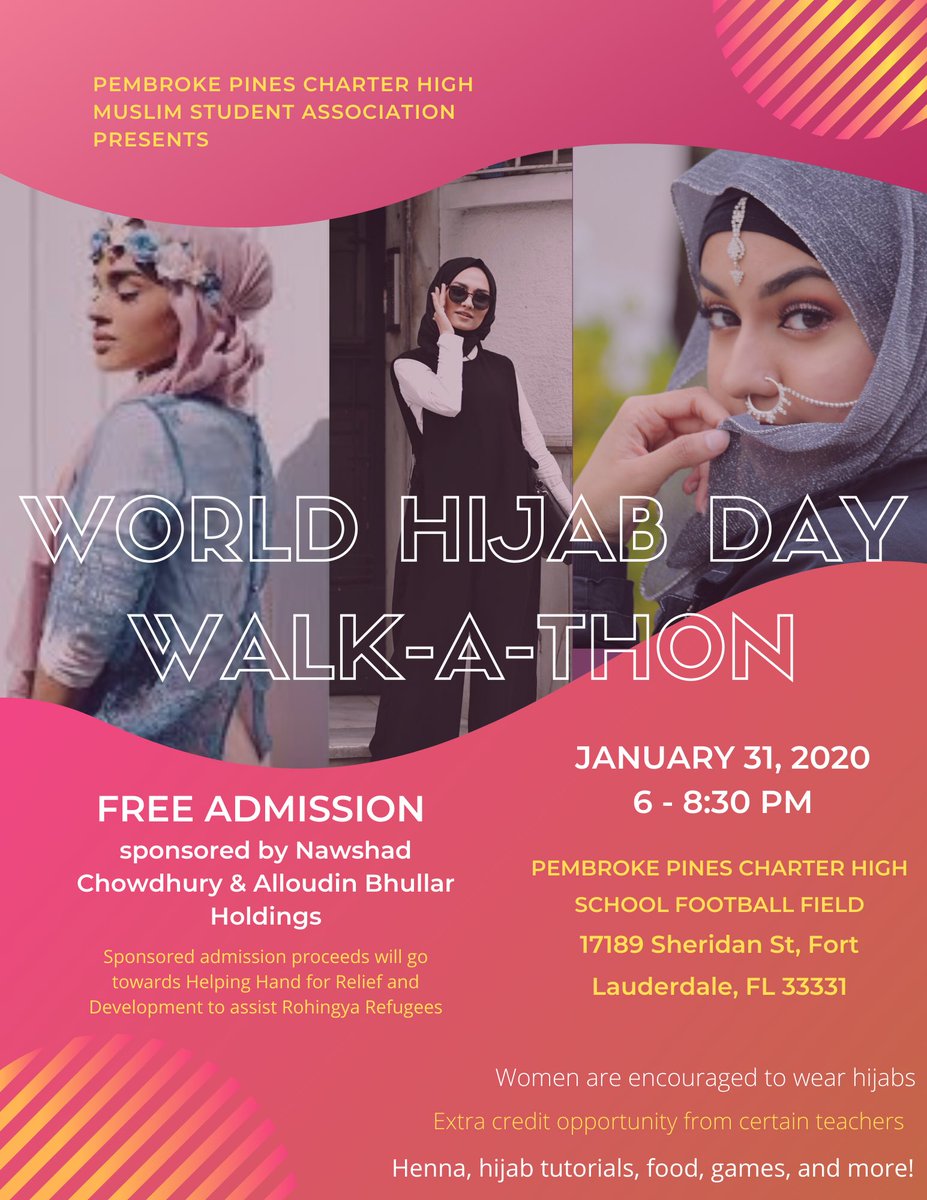 Less than one week until our second annual World Hijab Day Walk-a-Thon! We hope to see you there along with all your friends. Be a part of this wonderful night of community, diversity, and solidarity. Admission is FREE! Jewelry, food, and sweatshirts will be sold.
