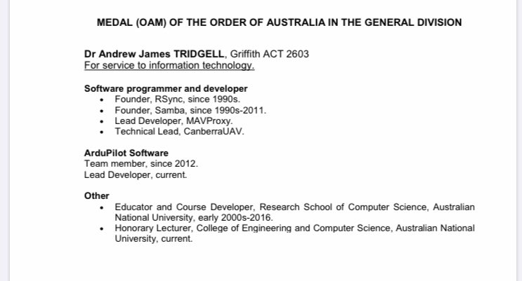 canberrauav's tweet photo. We are incredibly proud that ‘Tridge’ has been honoured in the Australia Day Honours with the award of a Medal of the Order of Australia! His efforts in Canberra UAV and his tireless contribution to ArduPilot and the global UAV community are an inspiration. Well deserved Tridge! https://t.co/5zaYtxMMbj