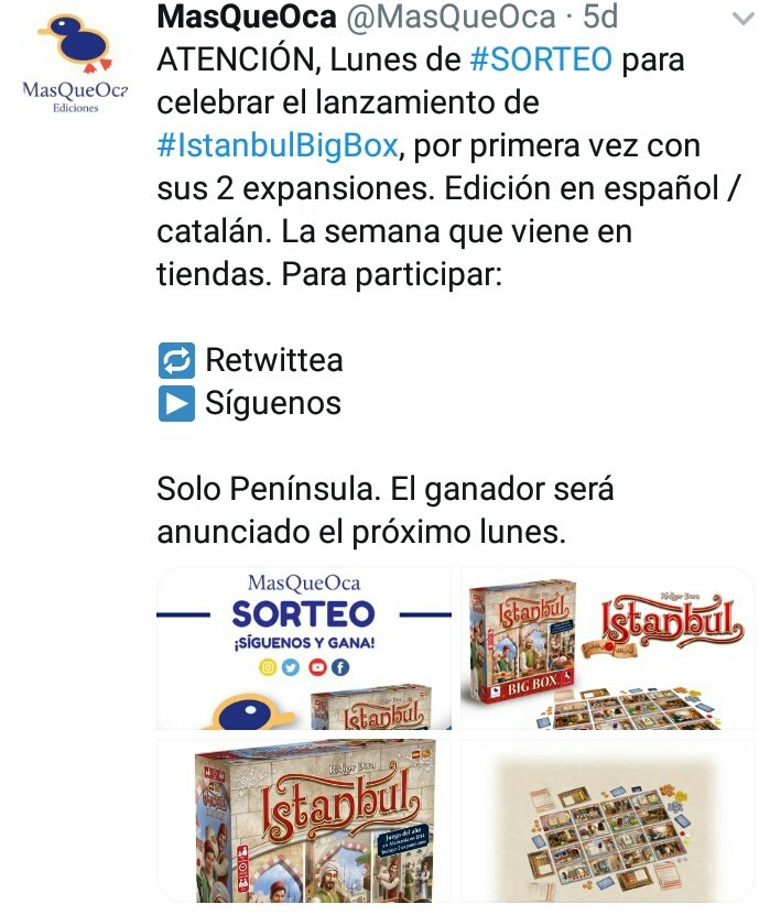 Javi_de_Nuln's tweet photo. Recordad que hasta este lunes podéis acceder al #Sorteo de #IstanbulBigBox editado por @MasQueOca. Juego básico y con 2 expansiones en una edición bilingue castellano / catalán
Os dejo el enlace, debéis seguir a @MasQueOca y hacer retuit del mismo.
https://t.co/IZz36lDnnD https://t.co/zRSr8ZXODz