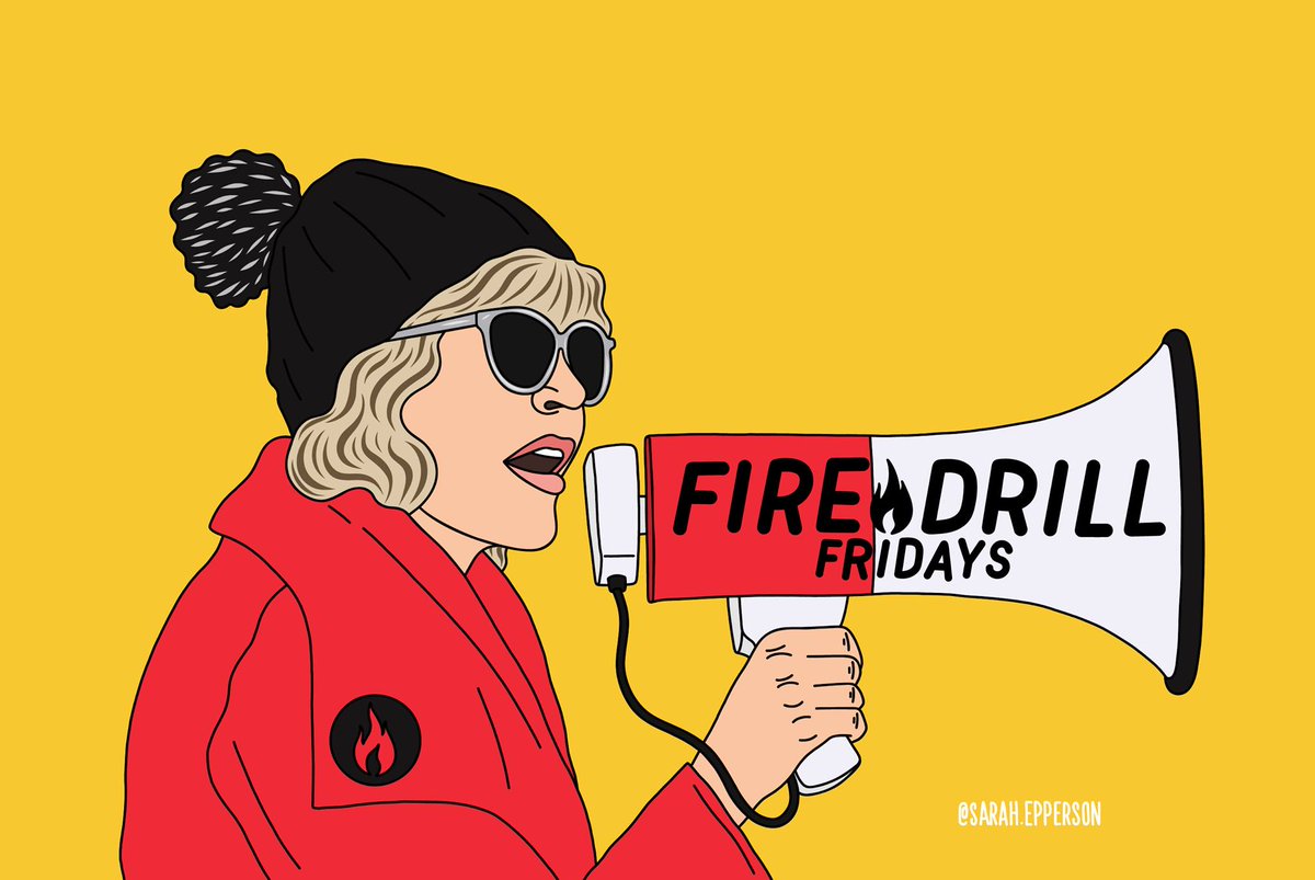 An illustration with a yellow background depicting Jane Fonda holding a megaphone that says Fire Drill Fridays on it. She is wearing a red coat.