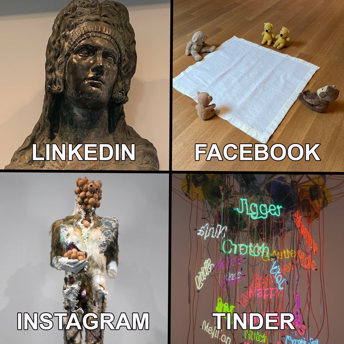 BrantFoundation's tweet photo. "Third Dimension" does the #dollypartonchallenge.
"Head on a Ramp" (1989) by Julian Schnabel, "Arena #7" (1990) by Mike Kelley, "The Island"(2011) by David Altmejd, "Three-Wheel Waggon-Wheel Chandelier" (2004) by Jason Rhoades
#ThirdDimension #BrantFoundation https://t.co/nUR9PzNUIk