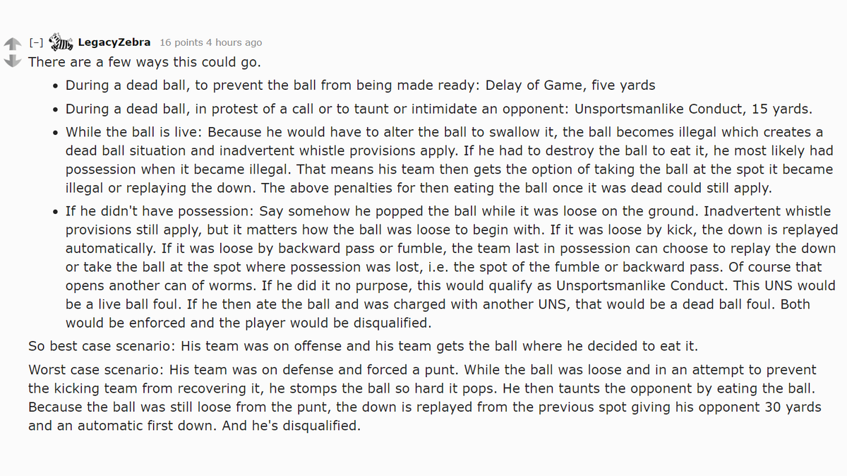 RedditCFB's tweet photo. One of our resident referees answers "What would happen if one of the players ate the football during game/a play?" https://t.co/sIBi4rEO0L