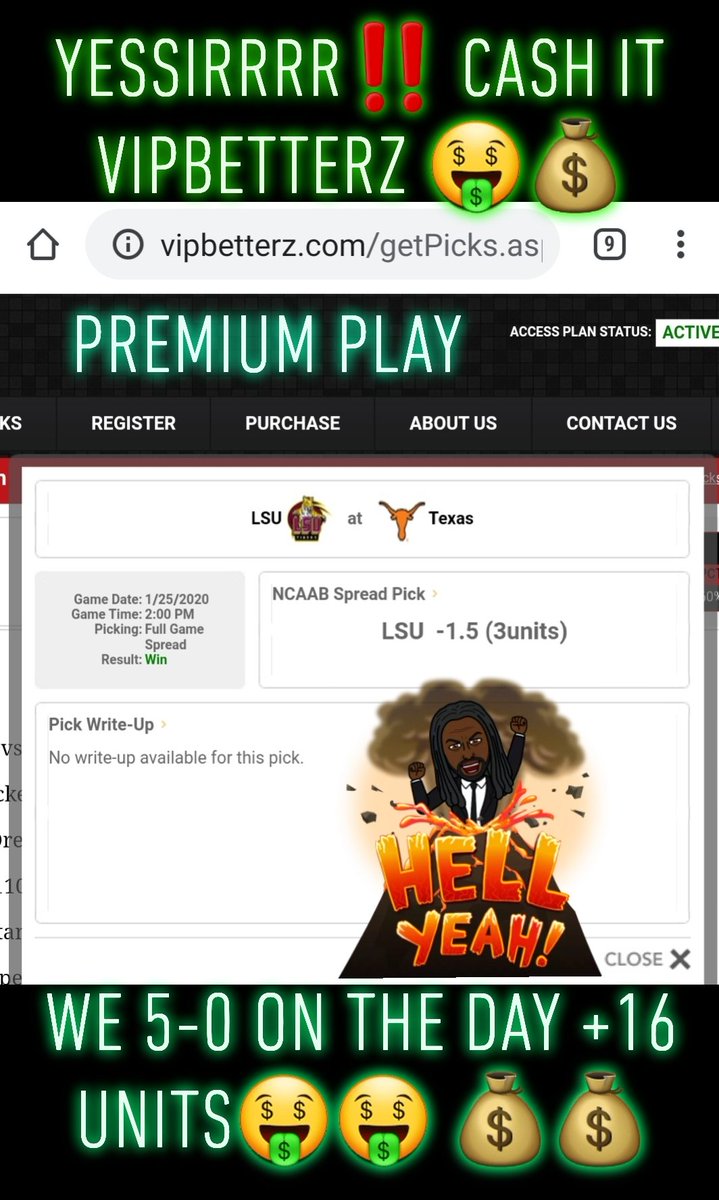 VegasBigMon's tweet photo. YESSIRRRR Cash it VIPBetterz‼‼ 5-0 on the day Up +16 Units‼‼🤑🤑💰💰https://t.co/BakeYRVlJb
3days $29.99, you get my Premium and personal Play's. Come cash this Shhmoney with Us‼

#YESSIRRRR #VIPBetterzOnly #vipwin #bettingtips #bettingexpert
#handicapper #sportbetting https://t.co/lS1nQCK9Jl