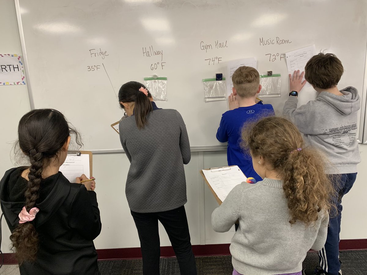 We put ice cubes around the school and observed them throughout day. We are writing down what we noticed about the temperature and ice cubes at the end of the day.