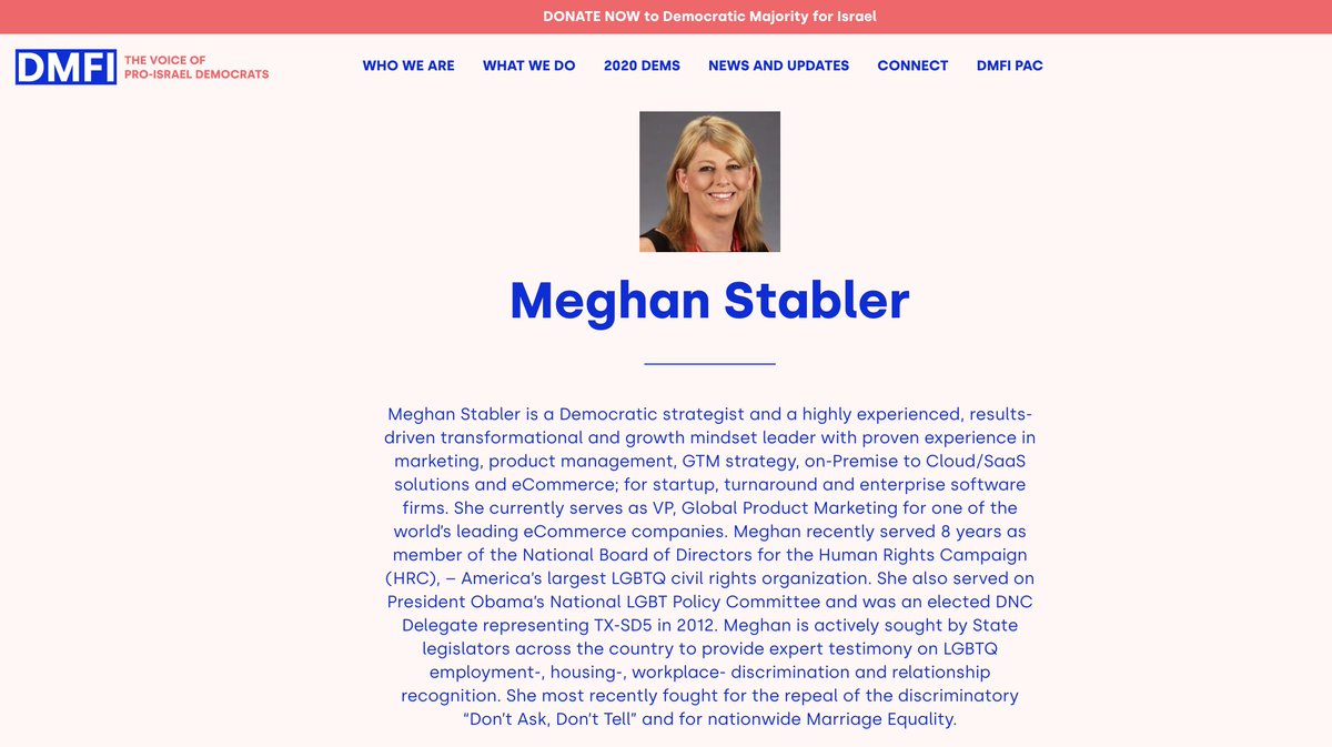 Meghan Stabler is a member of the Democratic Majority for Israel (DMFI), a group that advocates for pro-Israel Democrats. She also served on the national board of directors for Human Rights Campaign (HRC).