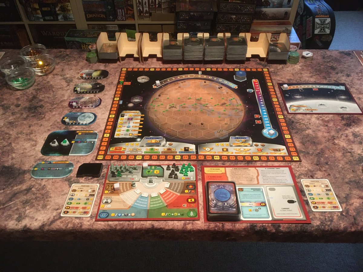 RemassogsRealm's tweet photo. Starting a #terraformingmars @strongholdgames #fryxgames along with the majority of the #expansions . It will be #utopia (invest) vs #aphrodite #corporations . The #duallayer #playerboards from the #kickstarter was a nice addition. #familygamenight #boardgames #tabletopgames https://t.co/HY4k9XuHB9