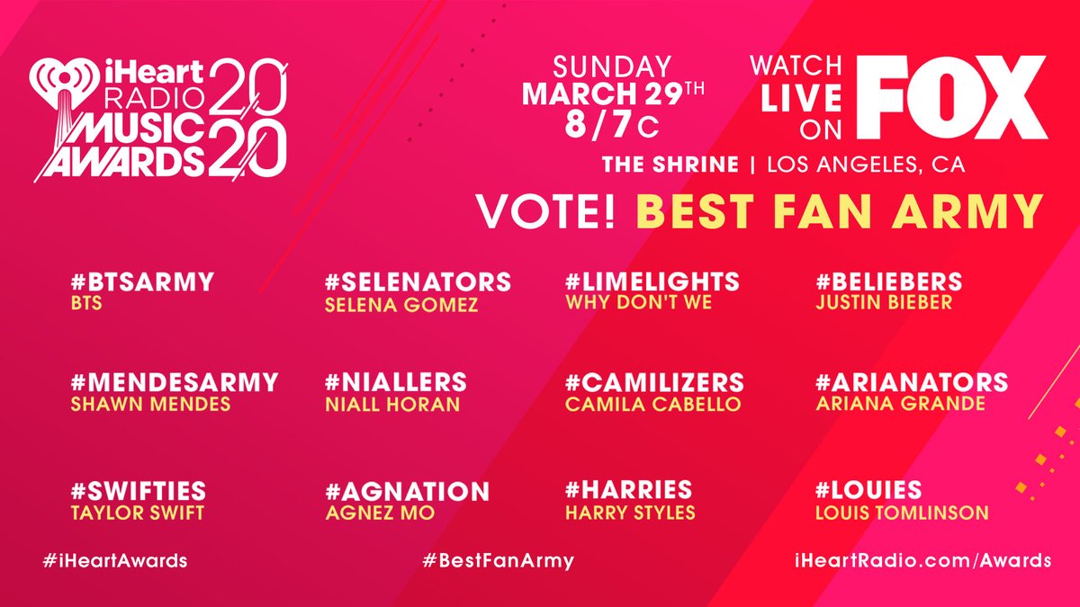 iHeartRadio's tweet photo. Voting spree for #BestFanArmy? HERE FOR IT. Get ready to RT! ❤️

#iHeartAwards
https://t.co/aPueslpaIw https://t.co/jTDaWJBHXu