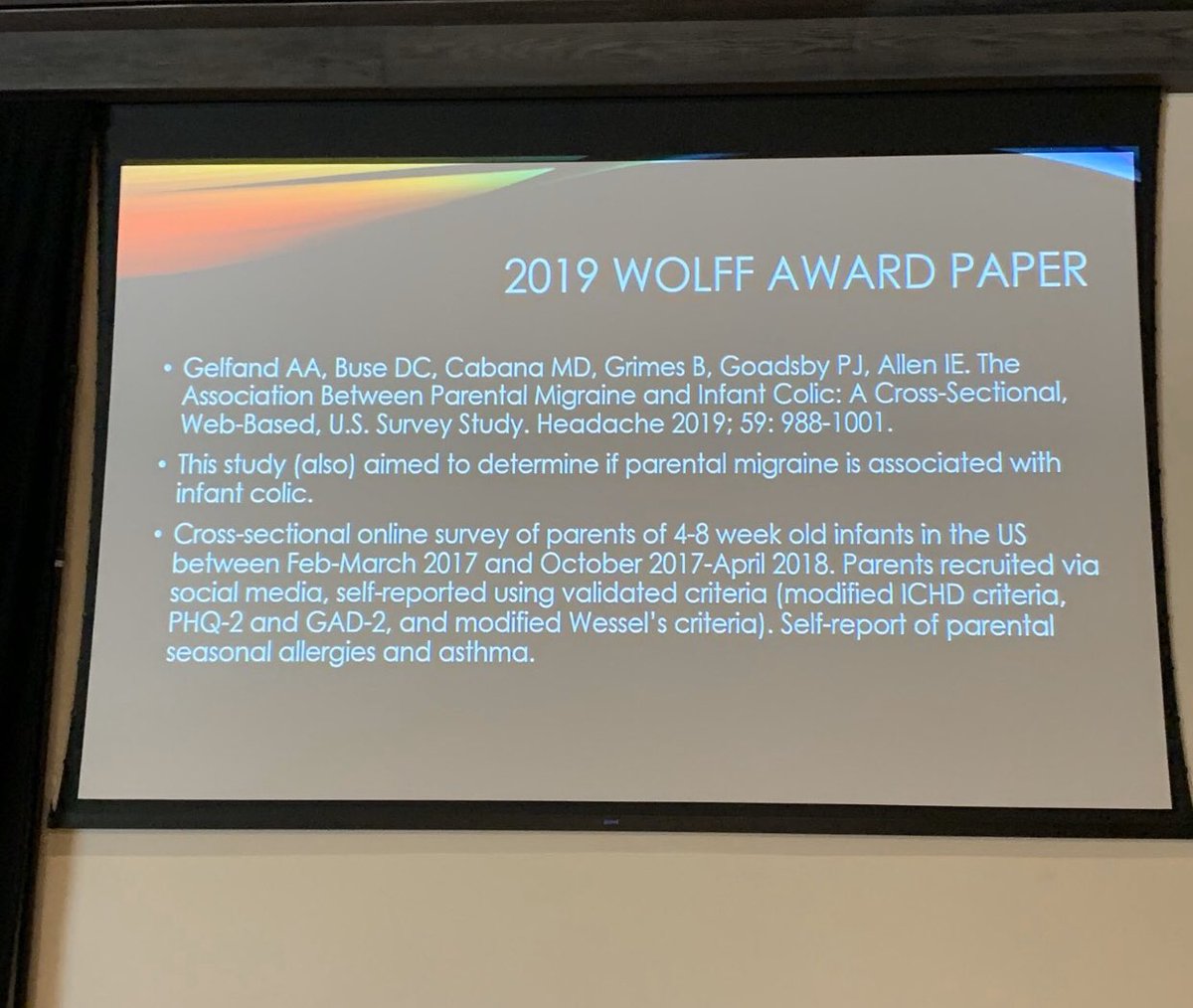 HennaMD's tweet photo. 2019 Wolff award recipient confirms increased risk of infant colic in children of mothers with history of migraine.  #HCOP2020 https://t.co/ClSP1lbV3d