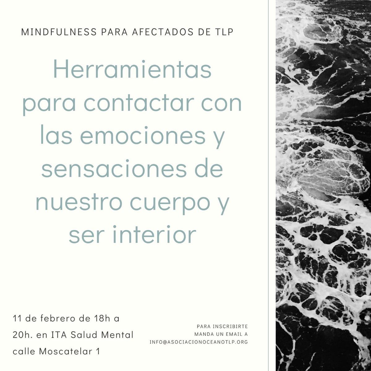 aotlp's tweet photo. @aotlp impartirá un Taller Gratuito de #Mindfulness para afectados de #TLP. Se realizará el 11/02 a las 18:00 h en la sede de @Itasaludmental, a quien agradecemos el apoyo a nuestra organización. Quienes estéis interesad@s os podéis inscribir en info@asociacionoceanotlp.org https://t.co/FCBvQkiyWa