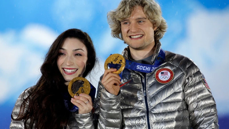 NBCOlympicTalk's tweet photo. Meryl Davis, Charlie White, Kimmie Meissner, Casey entering skating Hall of Fame #USChamps20 
https://t.co/TEbaU7hkA5 https://t.co/d3u5YTwhxc