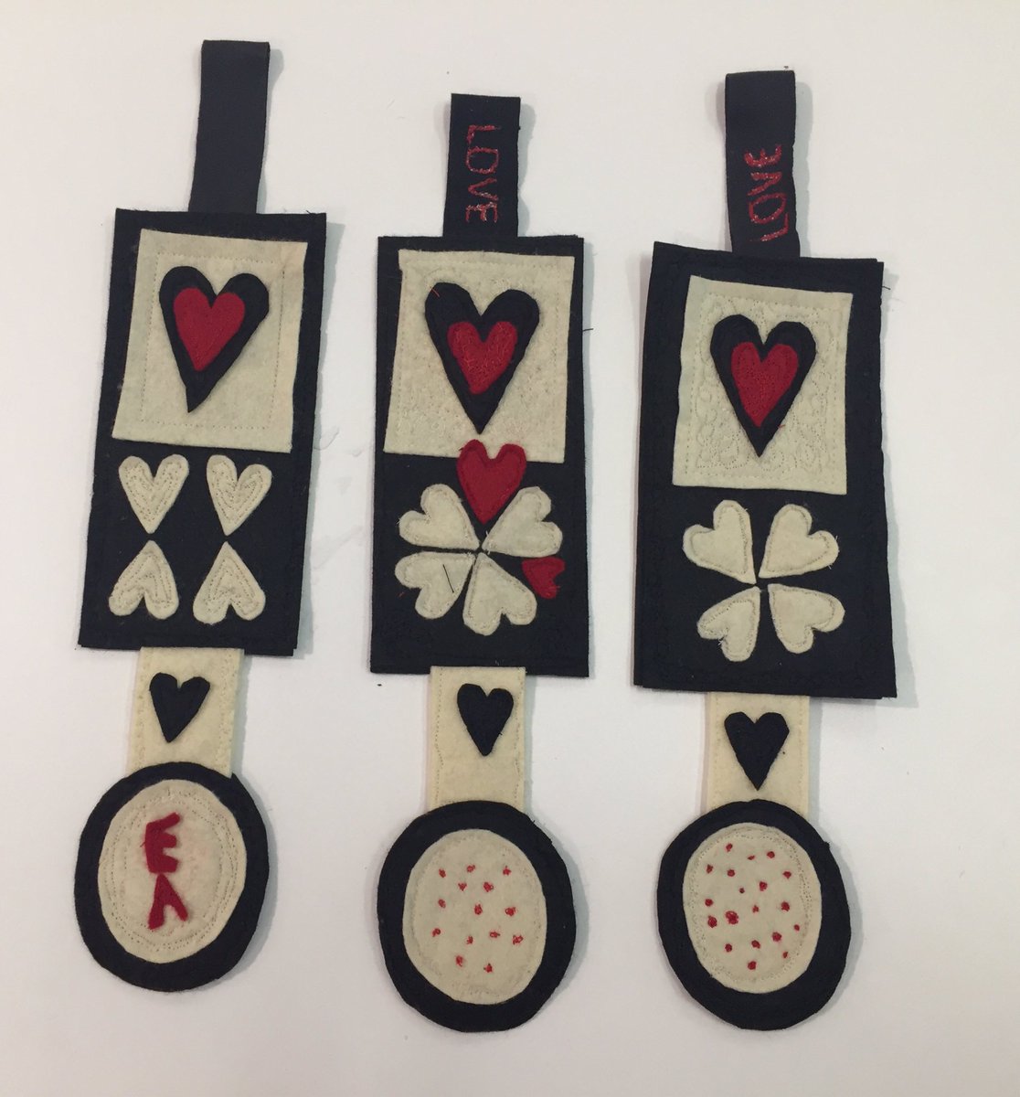 Machine embroidered Love spoons made today at St Fagans to celebrate St Dwynwen’s Day