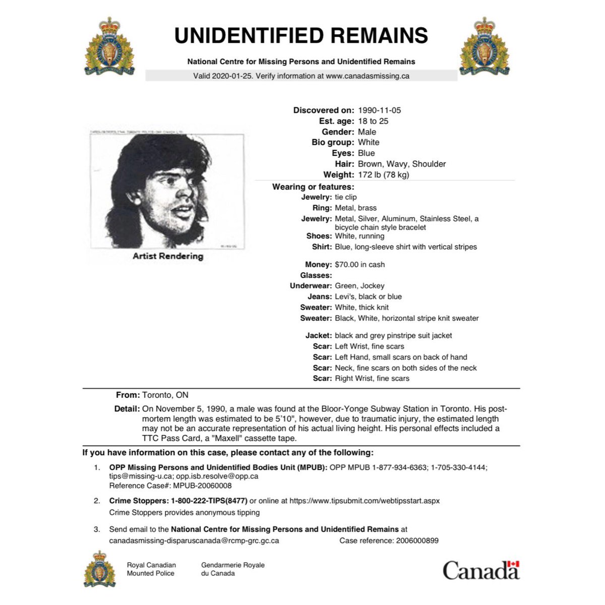 CanadaUnsolved's tweet photo. UNIDENTIFIED: This man was found at the #BloorYonge Subway Station in #Toronto on Nov. 5, 1990. He had a “Maxell” cassette tape, $70 and was wearing a bicycle chain bracelet and a vertical-striped sweater. For 30 years, he’s had no name. Who is he? https://t.co/A2FzpKoYyC
