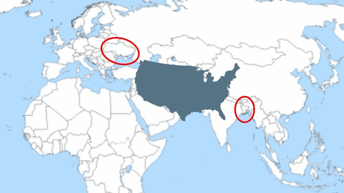 tomiahonen's tweet photo. @JamesKosur @Annekatz12 So that Americans can understand exactly how ludicrous Pompeo's claim is that the NPR Reporter who ASKED about Ukraine would not KNOW where Ukraine is - Bangladesh on right - USA fits BETWEEN the space to Ukraine - with 2 HOURS of jet flight to SPARE
#MapShaming
#PompeoMeltdown https://t.co/X2sjgNsunJ