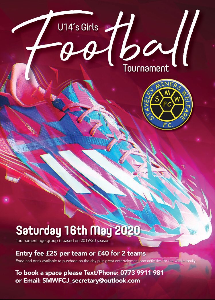 StaveleyGirls's tweet photo. ‼️BREAKING NEWS‼️
⚽ U14's 11v11 Girls Football Tournament 
📆 Saturday 16th May 2020
💷 Only £25 per team
🥅 Staveley Miners Welfare Junior pitches, Chantry Playing Field, Staveley S43 3JL

To book
📱Text/Phone: 0773 9911 981
💻Email: SMWFCJ_secretary@outlook.com @StaveleyMWFC https://t.co/wTz5s1QUyL